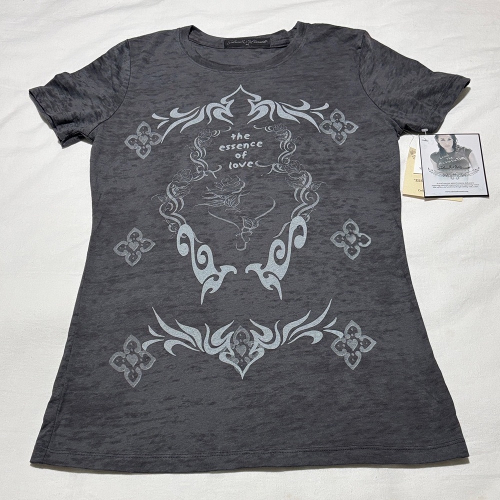Sabrina Barnett Charcoal Women's Tee “The Essence of Love” with Rhinestones